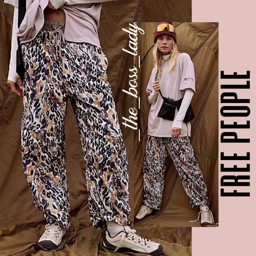 Free People Leopard Print Track Pants in Black, Cream & Tan
